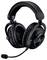Schwarzes Over-Ear-Gaming-Headset mit gepolstertem Kopfbügel, Boom-Mikrofon und silbernen Logo-Akzenten auf weißem Hintergrund.