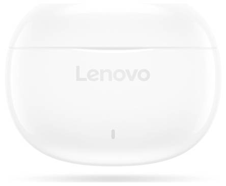 Weiße kabellose Lenovo-Ohrhörer mit Ladeetui, Logo und vorderer Anzeigelampe.
