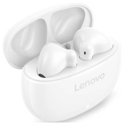 Weiße kabellose Lenovo-Kopfhörer in einem offenen Ladeetui.