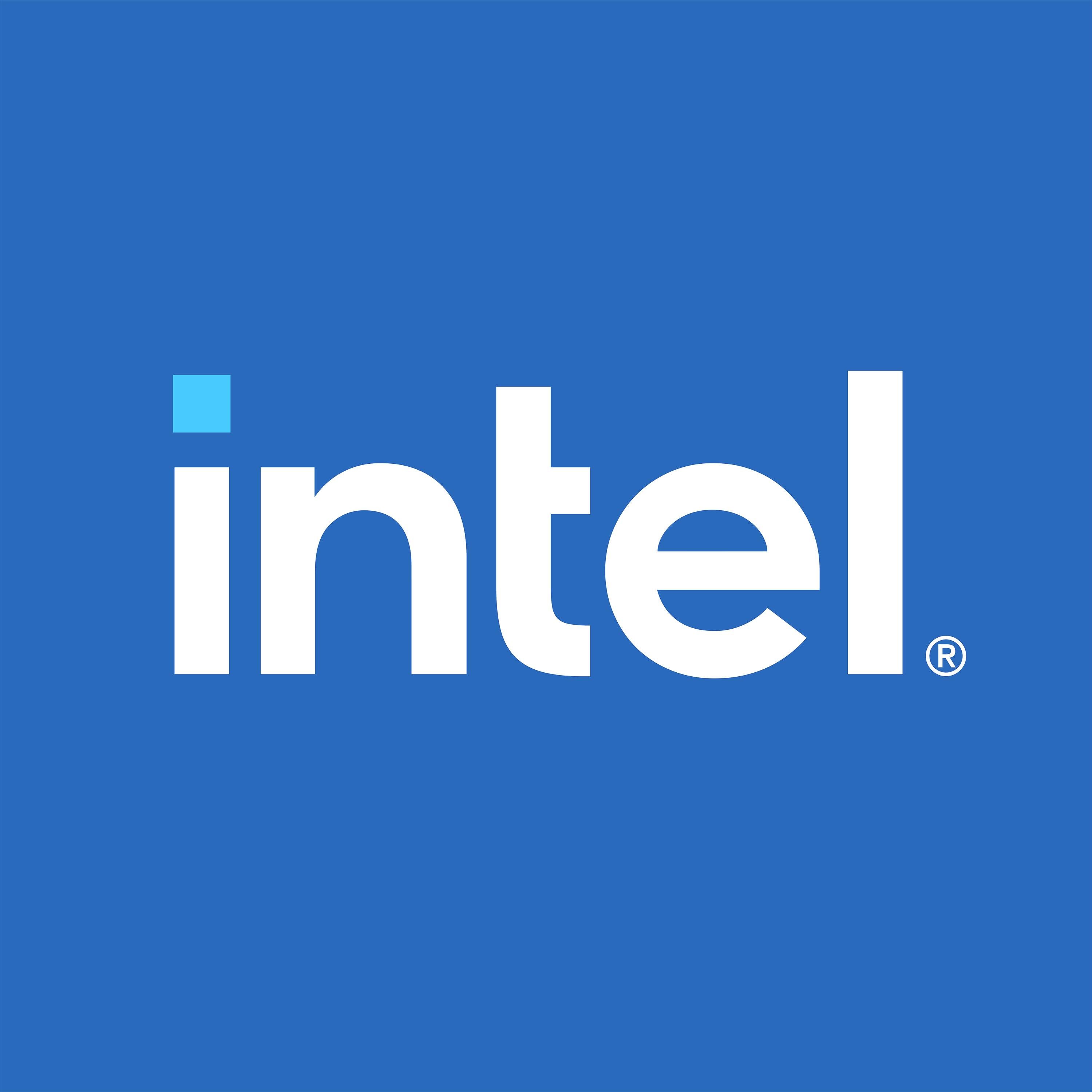 Intel-Logo in Weiß auf blauem Hintergrund mit einem kleinen blauen Quadrat über dem i und ®-Symbol