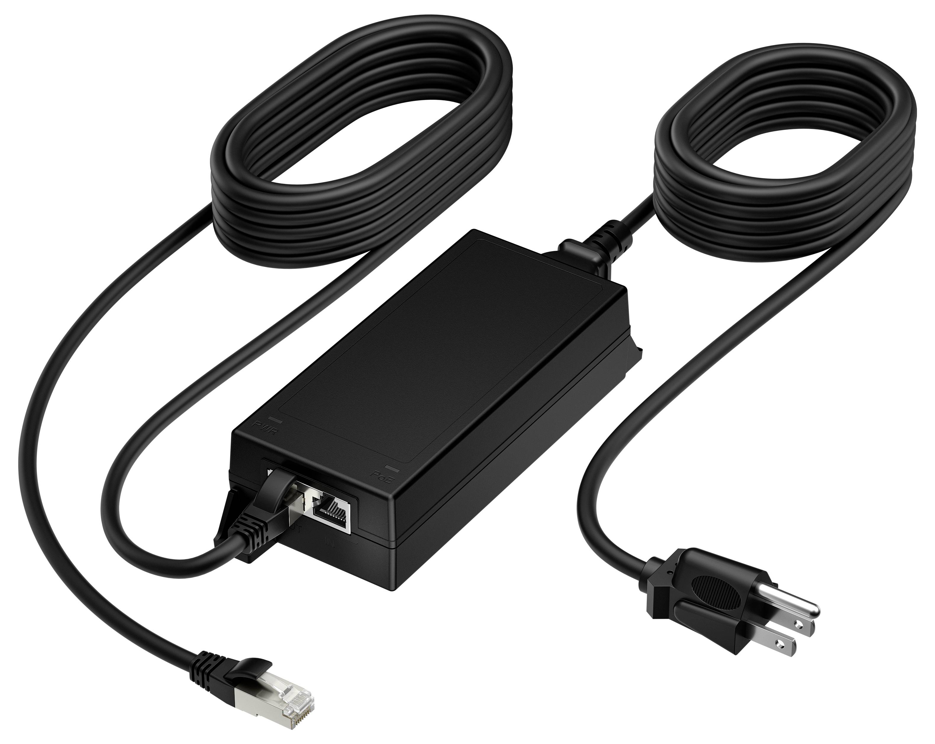 Schwarzer Stromadapter mit Spiralkabel und Steckern, einschließlich eines Ethernet-ähnlichen Anschlusses auf der einen Seite und eines zweipoligen Stromsteckers auf der anderen Seite.