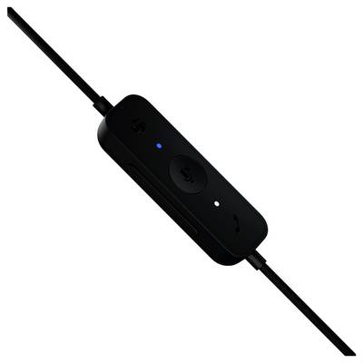 Schwarze Inline-Kopfhörer-Fernbedienung an einem Kabel mit Tasten zur Stummschaltung des Mikrofons und Anrufsteuerung sowie kleine Statusleuchten.