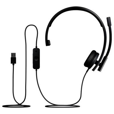 Schwarzes USB-Kabelkopfhörer mit Boom-Mikrofon und Inline-Steuerung auf weißem Hintergrund.