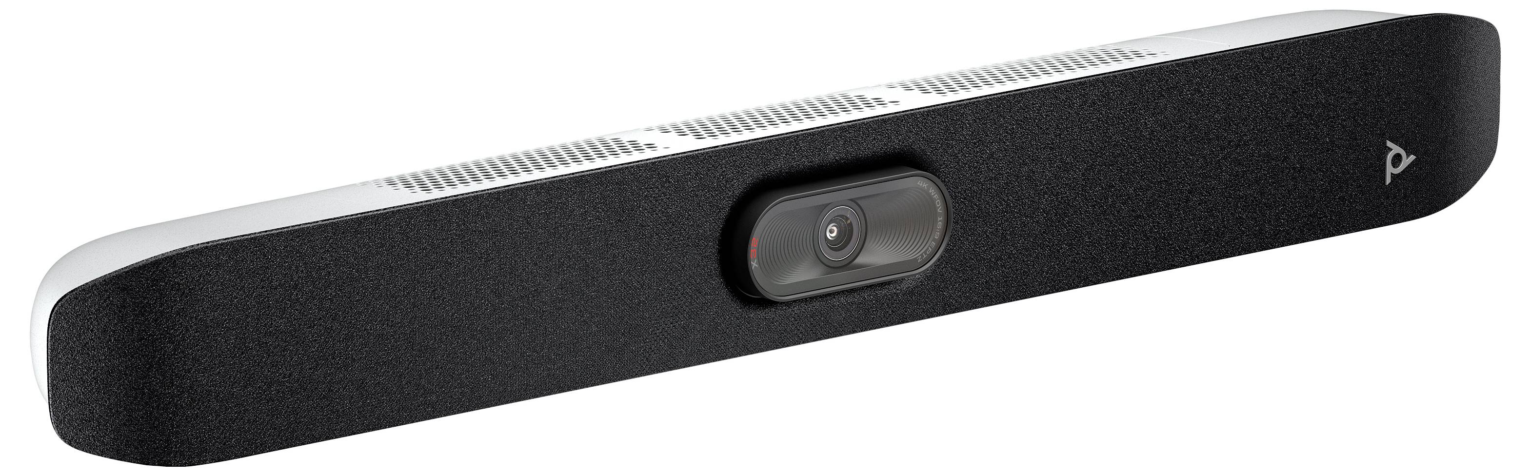 Schwarze Logitech-Videokonferenzkamera mit Weitwinkelobjektiv und Befestigungshalterung auf weißem Hintergrund