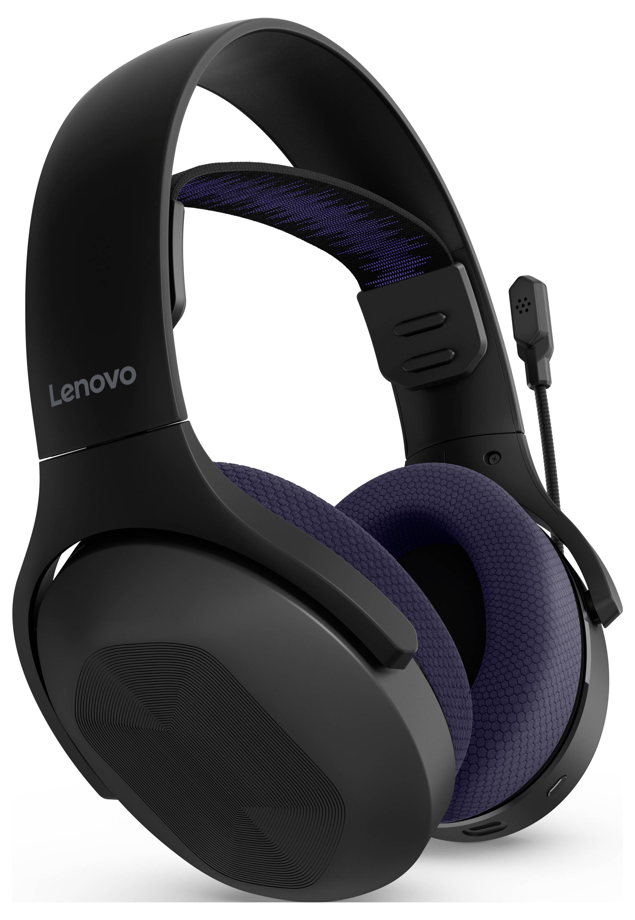 Schwarzes Lenovo Over-Ear Gaming-Headset mit gepolsterten Ohrmuscheln und angebautem Mikrofon-Ausleger.