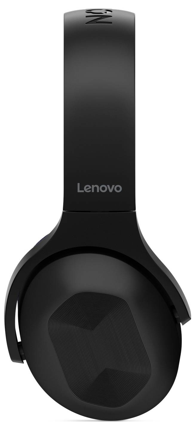 Schwarze Lenovo-Over-Ear-Kopfhörer auf weißem Hintergrund, Vorderansicht mit sichtbarem Kopfbügel und Ohrmuschel.
