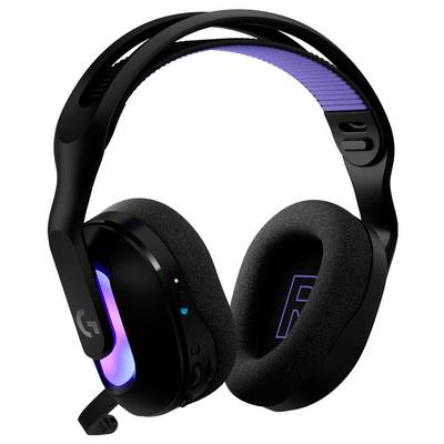 Ein Paar schwarze und violette Gaming-Kopfhörer mit gepolsterten Ohrmuscheln, LED-Leuchten und einem Kopfbügel, der für Komfort und Stil konzipiert ist.