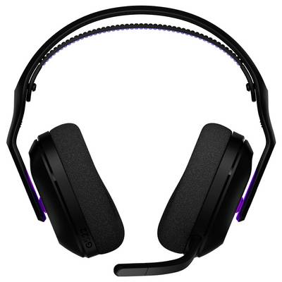 Schwarzes Over-Ear-Gaming-Headset mit Mikrofon, mit violetten LED-Akzenten und gepolstertem verstellbarem Kopfbügel für Komfort.