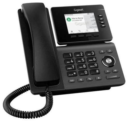 Schwarzes Gigaset-Schnurtelefon mit Hörer, Tastatur und kleinem Display, das einen Kontaktbildschirm anzeigt.