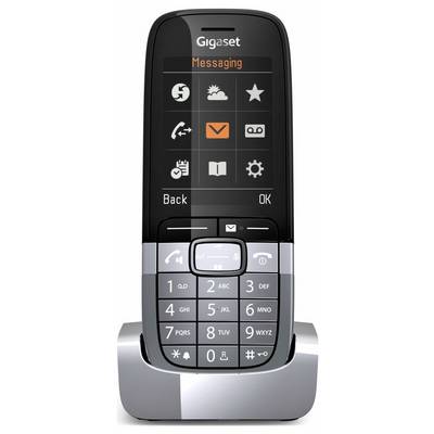 Gigaset schnurloses Telefon auf Ladestation, zeigt das Messaging-Menü mit Symbolen und Softkeys Zurück und OK.