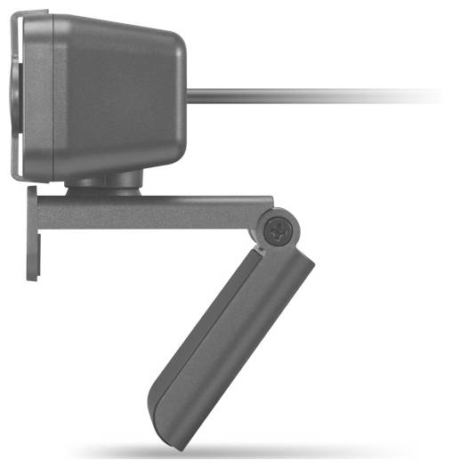 Schwarze Clip-Webcam mit verstellbarem Scharnier und angeschlossenem Kabel, gezeigt auf weißem Hintergrund.
