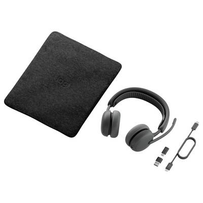 Kabelloses Headset mit USB-C-Adapter und Ladekabel neben einer quadratischen schwarzen Transporttasche.
