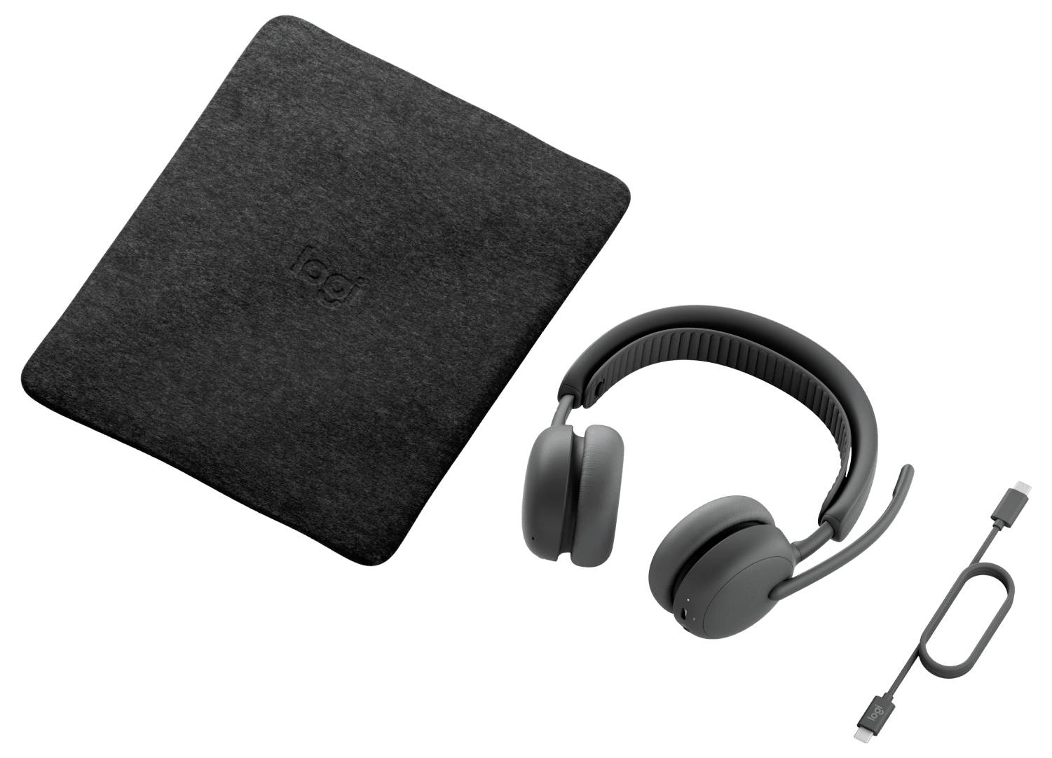 Kabelloses Headset, quadratisches Etui und USB-C-Ladekabel auf weißem Hintergrund.