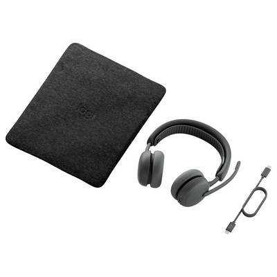 Kabelloses Headset, quadratisches Etui und USB-C-Ladekabel auf weißem Hintergrund.