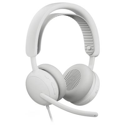 Weiße Over-Ear-Kopfhörer mit gepolstertem Kopfbügel, abnehmbarem Boom-Mikrofon und kabelgebundener Verbindung.