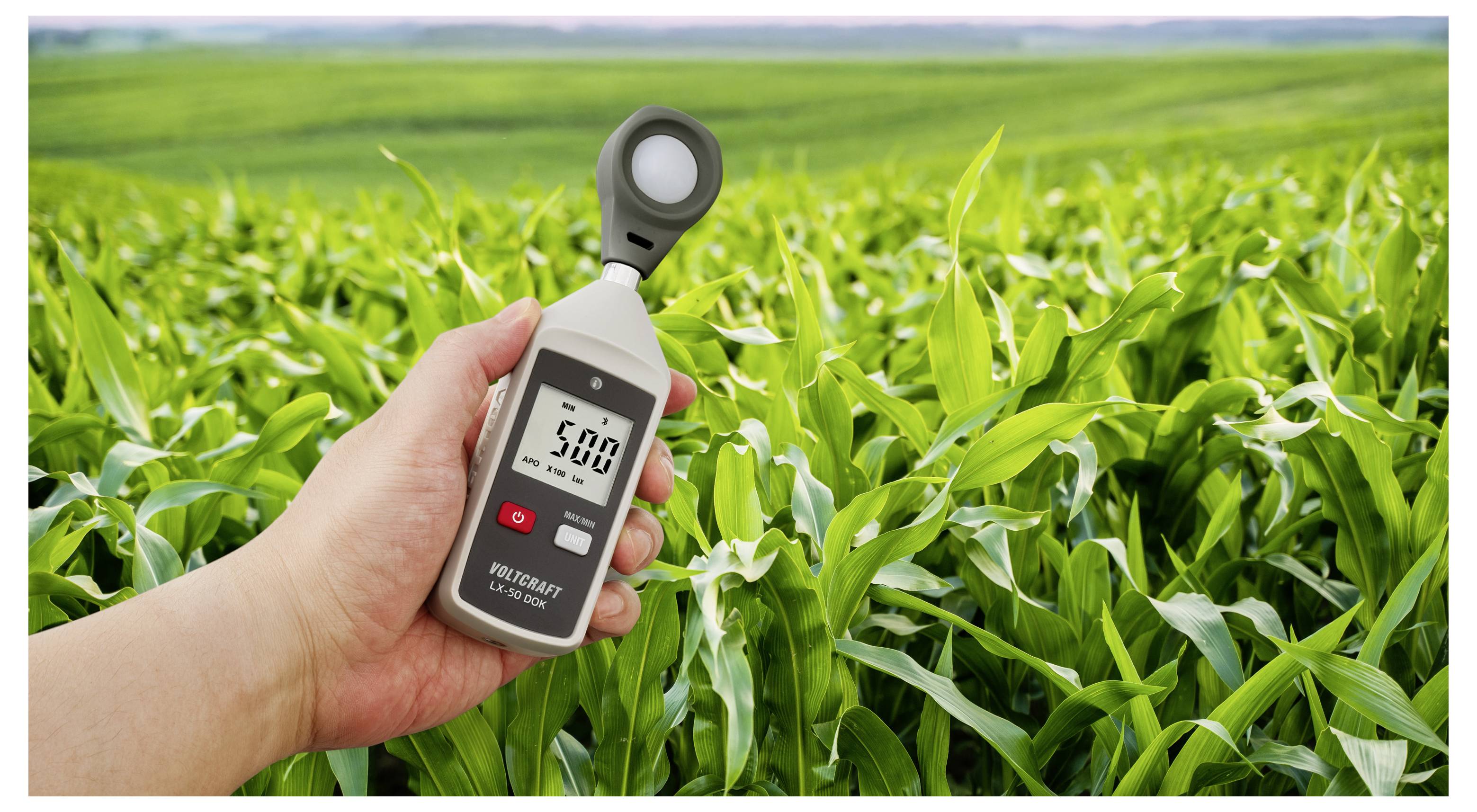 Eine Hand hält ein digitales Luxmeter über ein grünes Getreidefeld und zeigt eine Ablesung von 5,00 an, wahrscheinlich zur Messung von Sonnenlicht in der Landwirtschaft.