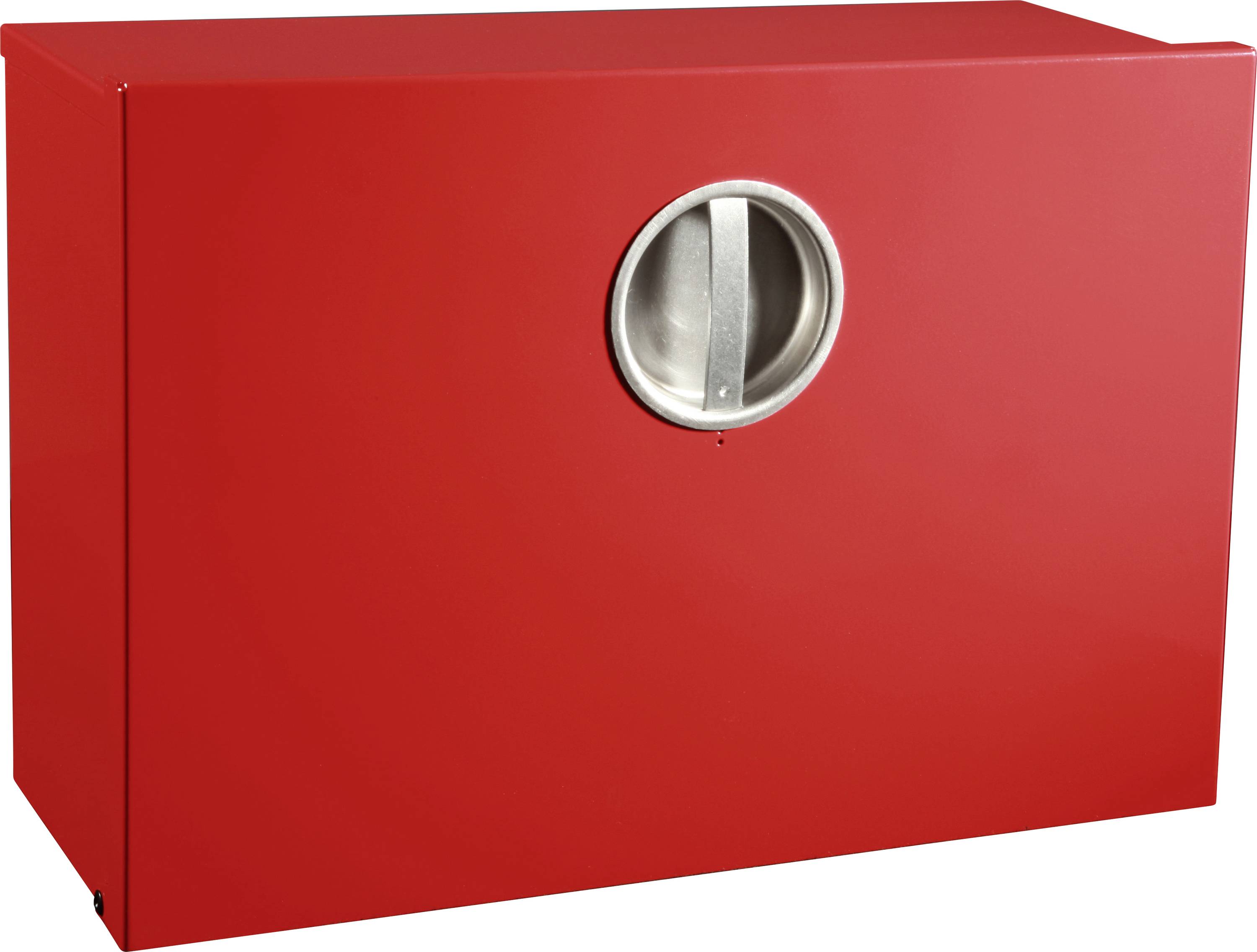 Ein roter Spind mit einem runden Metallgriff auf seiner Vorderseite; scheint ein industrielle Lagerbehälter zu sein.