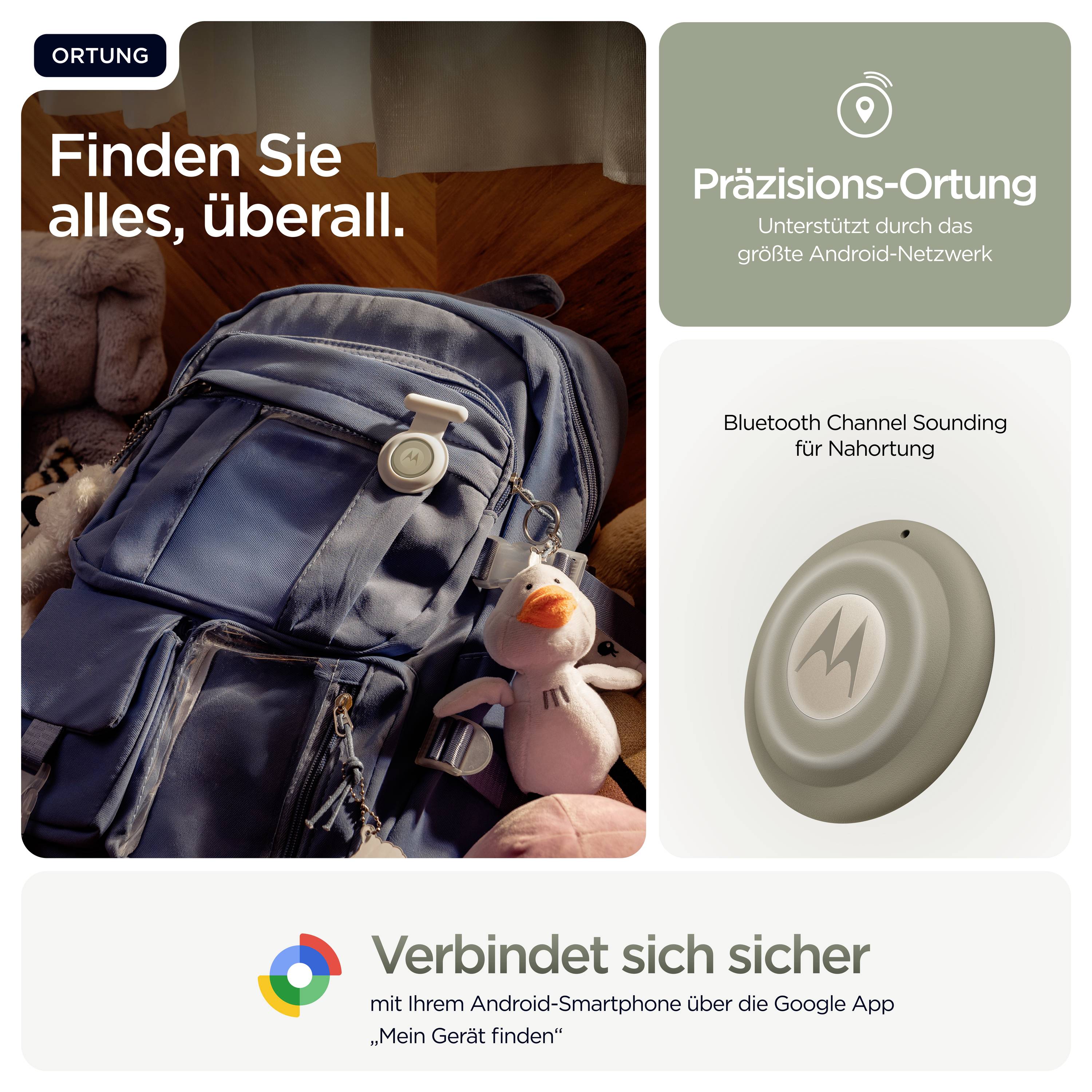 Ein Rucksack mit befestigtem Tracking-Gerät wird gezeigt. Deutscher Text hebt die präzise Standortverfolgung durch ein großes Netzwerk und sichere Telefonkonnektivität hervor.