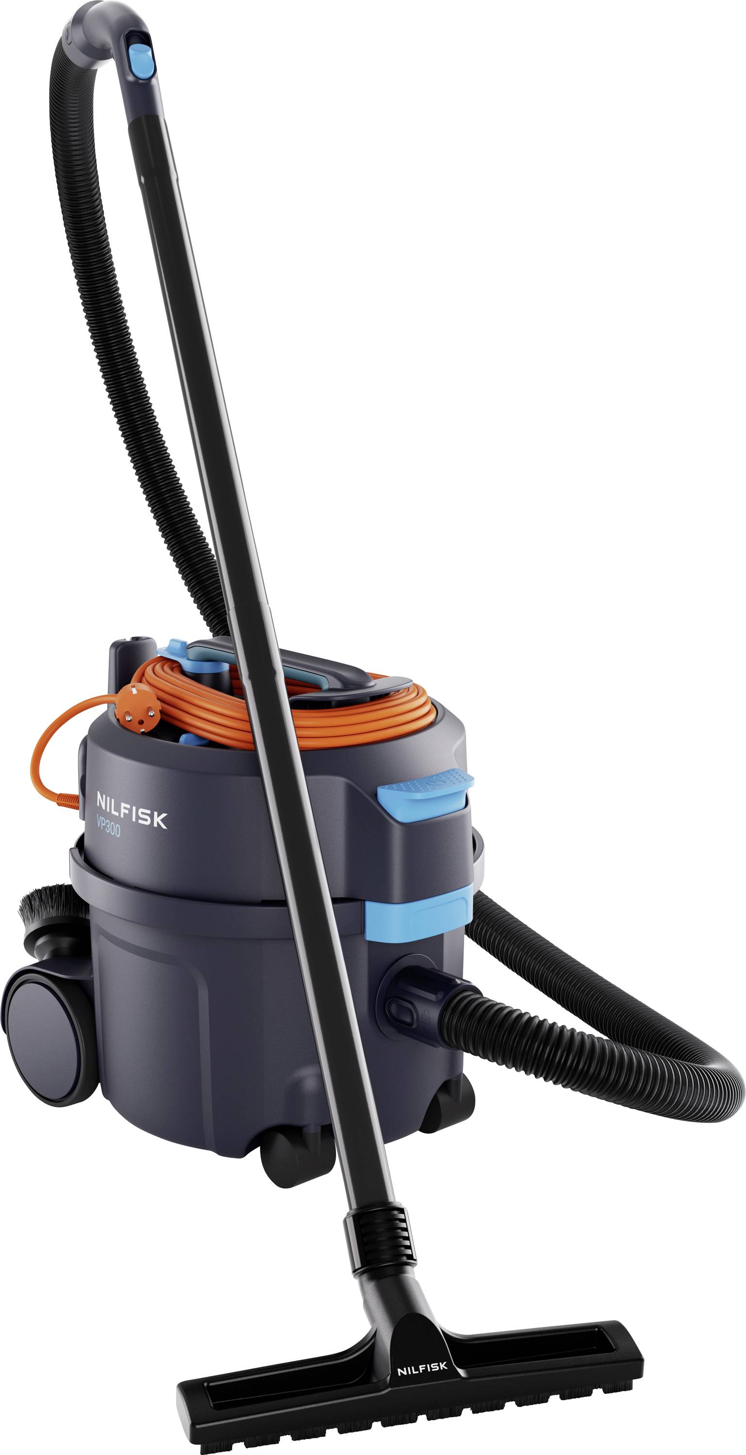 Ein grauer und blauer Nilisk-Staubsauger mit angebrachtem Rohr und Schlauch, mit einem leuchtend orangen Kabel, das oben um das Gerät gewickelt ist.
