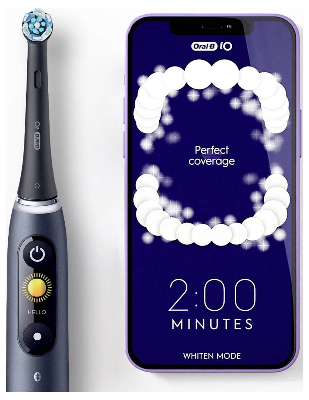 Eine elektrische Zahnbürste neben einem Smartphone, das eine Nachricht mit "Perfekte Abdeckung" anzeigt, zusammen mit einem Zwei-Minuten-Countdown zum Zähneputzen im Aufhellungsmodus.
