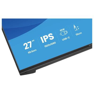 Ein Computermonitor zeigt in der Ecke Spezifikationen: „27" IPS, 1920x1080, 65W, USB-C, 15cm". Blauer Bildschirm mit Symbolen und Text.