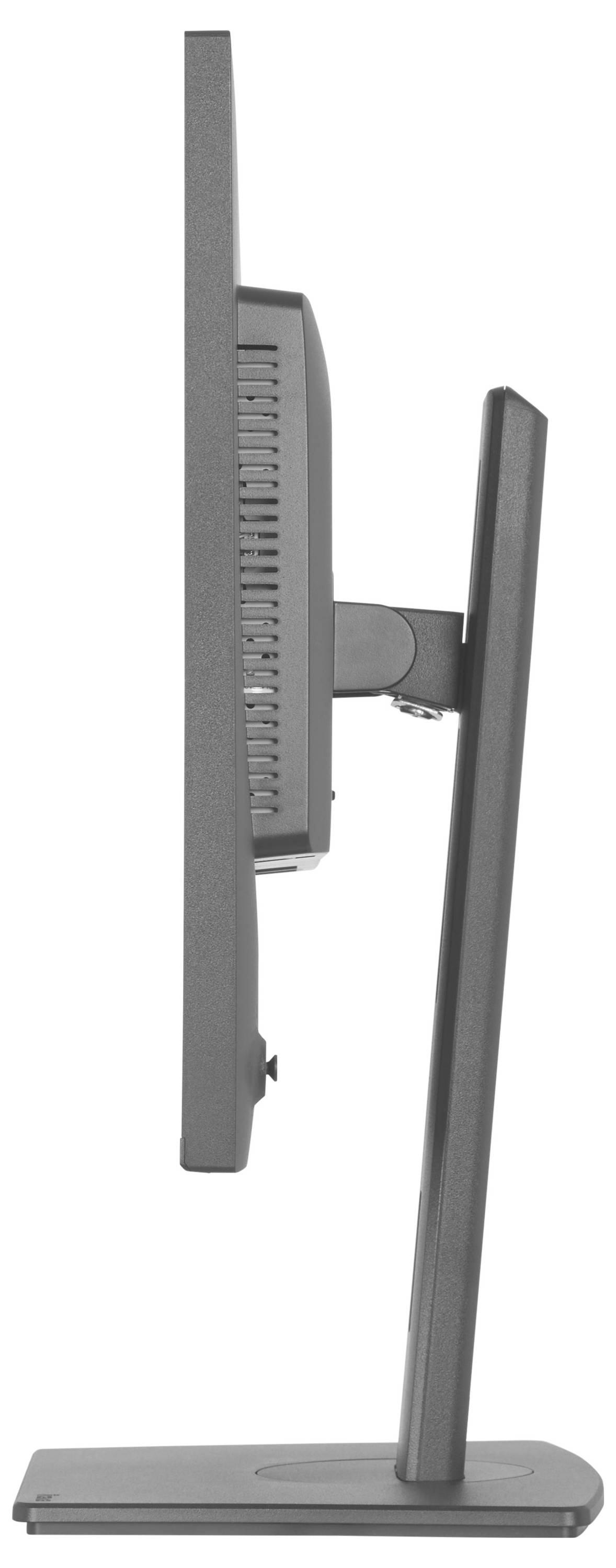 Eine dünne Seitenansicht eines Computermonitors mit schlankem Design, das seinen verstellbaren Ständer zeigt.