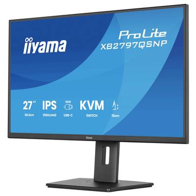 Ein Computermonitor mit der Anzeige „iiyama ProLite XB2797QSNP" mit Funktionen wie 27"-Bildschirm, IPS, 2560x1440 Auflösung, USB-C, KVM.