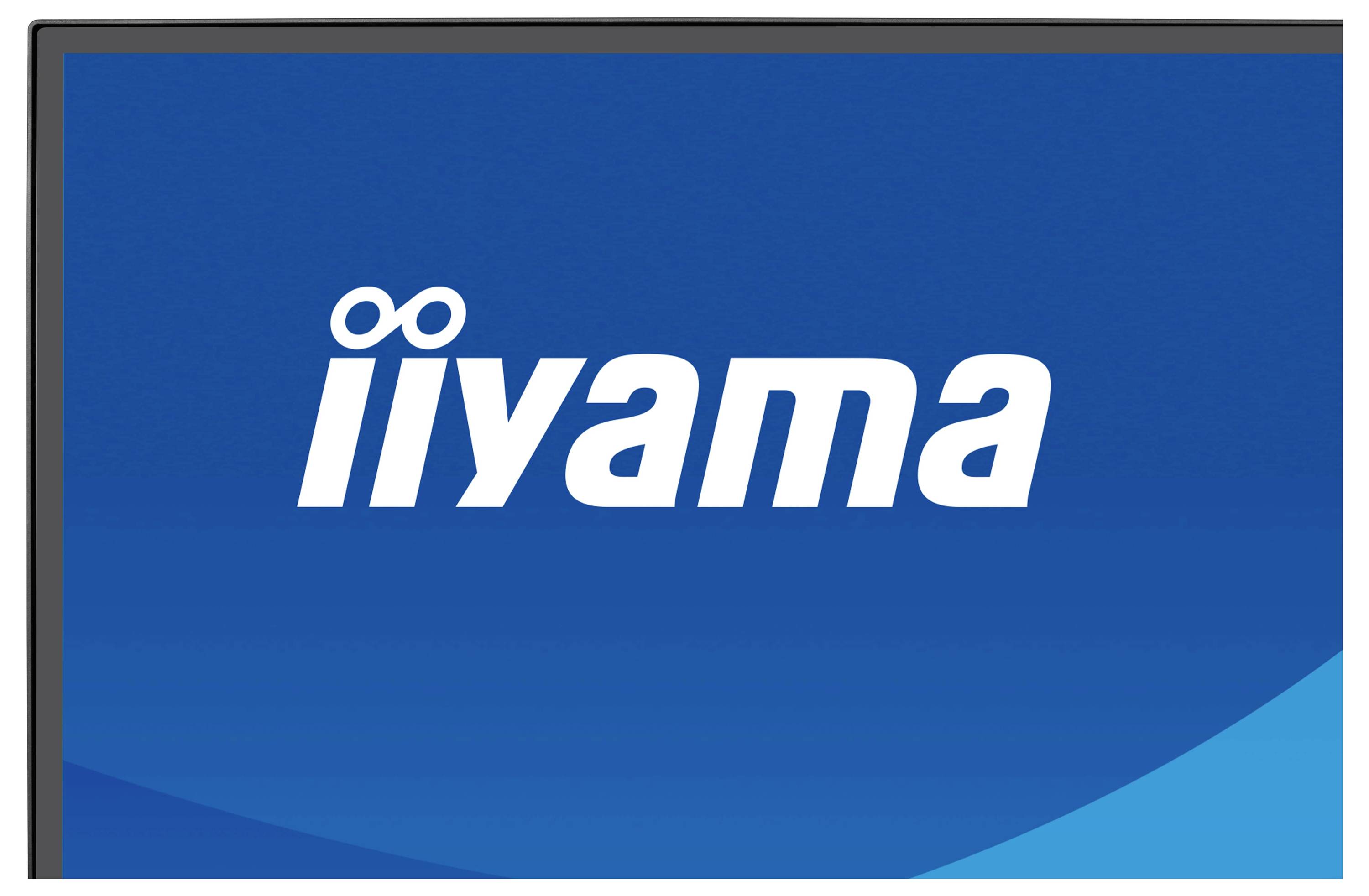 „iiyama"-Logo auf blauem Hintergrund mit stilisiertem Text und zwei Punkten über dem ersten „i".