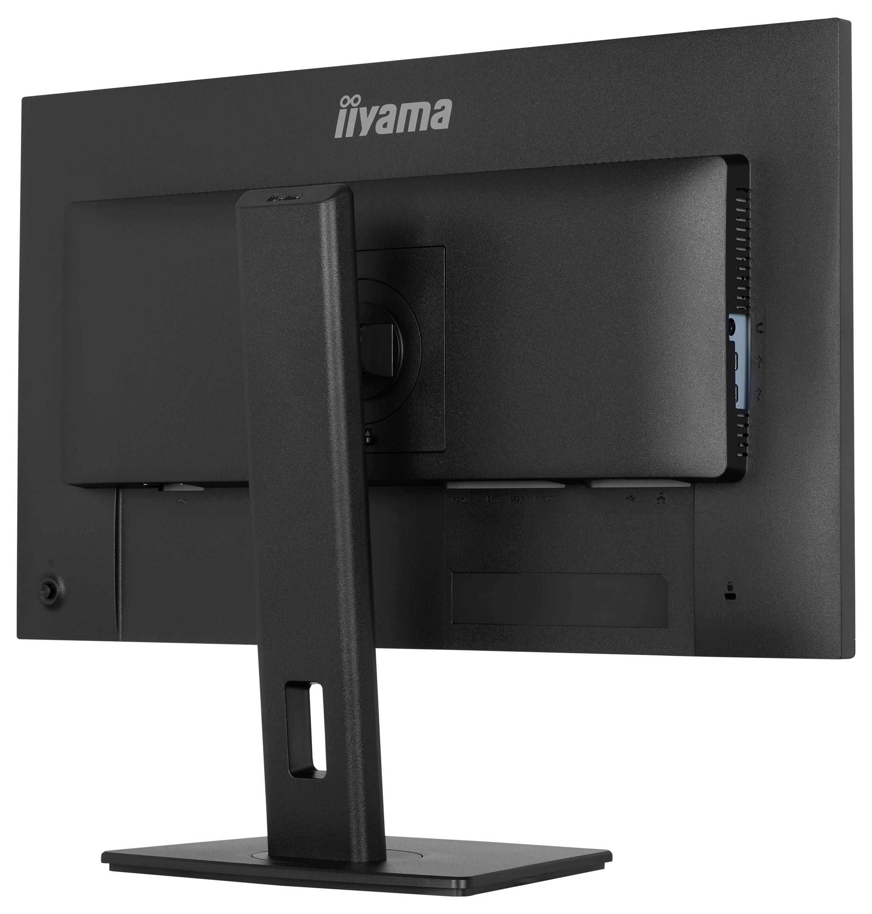 Ein schwarzer Computermonitor von hinten betrachtet, zeigt einen Ständer und Anschlüsse. Die Marke „iiyama" ist oben sichtbar.
