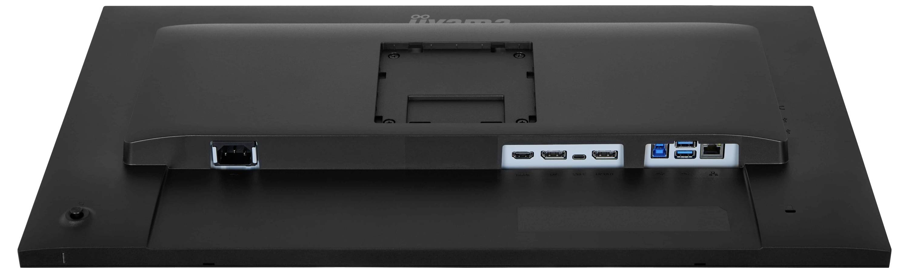 Rückansicht eines Computermonitors mit verschiedenen Anschlüssen, darunter HDMI, USB und Ethernet, die Konnektivitätsoptionen hervorheben.