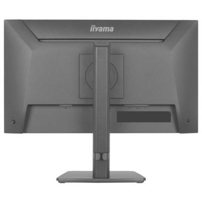 Ein schwarzer Computermonitor von hinten betrachtet, mit einem zentralen Ständer und dem Markenlogo „iiyama" oben auf dem Display.