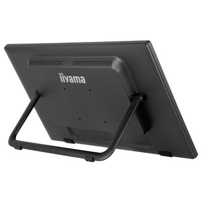 Rückansicht eines schwarzen iiyama-Monitors mit Ständer, zeigt Lüftungsschlitze und das Markenlogo auf der Rückseite.