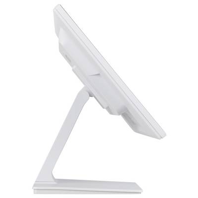 Ein weißer, eleganter Monitor aus der Seitenansicht, der sein schlankes Profil und seinen minimalistischen Ständer vor weißem Hintergrund zeigt.