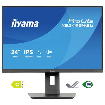 „ProLite XB2495WSU" Monitor von iiyama, 24 Zoll, IPS-Display, Auflösung 1920x1200, Energieklasse C, 2x2W Lautsprecher, ergonomischer Ständer.