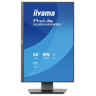 Aufrechter Computermonitor, der einen blauen Bildschirm mit dem Text „iiyama ProLite XUB2495WSU" anzeigt, mit angezeigten Größen- und Auflösungsdetails.