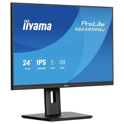 Ein Computermonitor mit der Marke „iiyama" und dem Modell „ProLite XB2495WSU" mit folgenden Spezifikationen: 24"-Bildschirm, IPS, 1920x1200-Auflösung, 15cm, 2x2W-Lautsprecher.