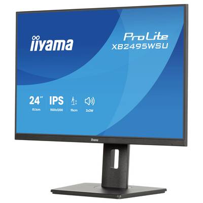 Ein Computermonitor zeigt das Logo „iiyama ProLite XB2495WSU". Es hebt wichtige Merkmale hervor: „24" IPS, 61cm, 1920x1200, 15cm, 2x2W".