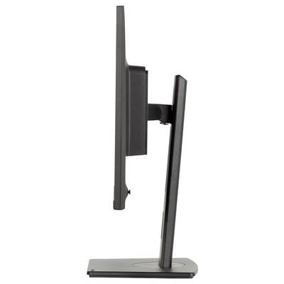 Ein Computermonitor von der Seite betrachtet, wobei sein schlankes Profil und der verstellbare Ständer angezeigt werden.