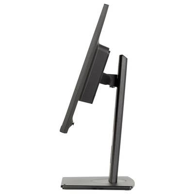 Eine Seitenansicht eines eleganten, modernen Computermonitors mit dünnem Rahmen, verstellbarem Ständer und flacher Basis, die sein schlankes, minimalistisches Design präsentiert.