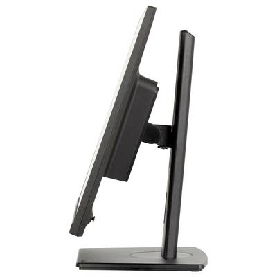 Eine Seitenansicht eines flachen Computerbildschirms mit schlankem Profil auf einem rechteckigen Standfuß.