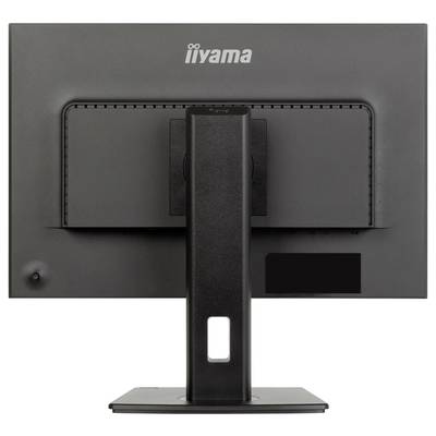 Das Bild zeigt die Rückansicht eines schwarzen Computermonitors mit einem Ständer und einem Markenlogo oben.