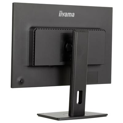 Ein schwarzer Computermonitor mit dem Logo "iiyama", von hinten betrachtet, zeigt den Ständer und die Rückseite.