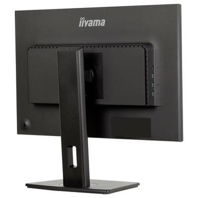 Ein schwarzer Computermonitor von hinten betrachtet, mit dem Ständer und USB-Anschlüssen auf der rechten Seite sichtbar. Der Markenname „iiyama" ist oben erkennbar.