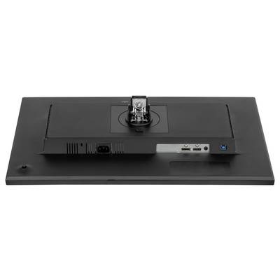 Das Bild zeigt die Rückseite eines schwarzen Monitors mit Anschlüssen für Verbindungen, einschließlich HDMI, DisplayPort und eine Stromeingabe.