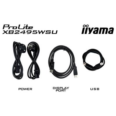 Das Bild zeigt drei Kabel mit der Beschriftung unter dem Monitor „ProLite XB2495WSU": ein Stromkabel, ein DisplayPort-Kabel und ein USB-Kabel.
