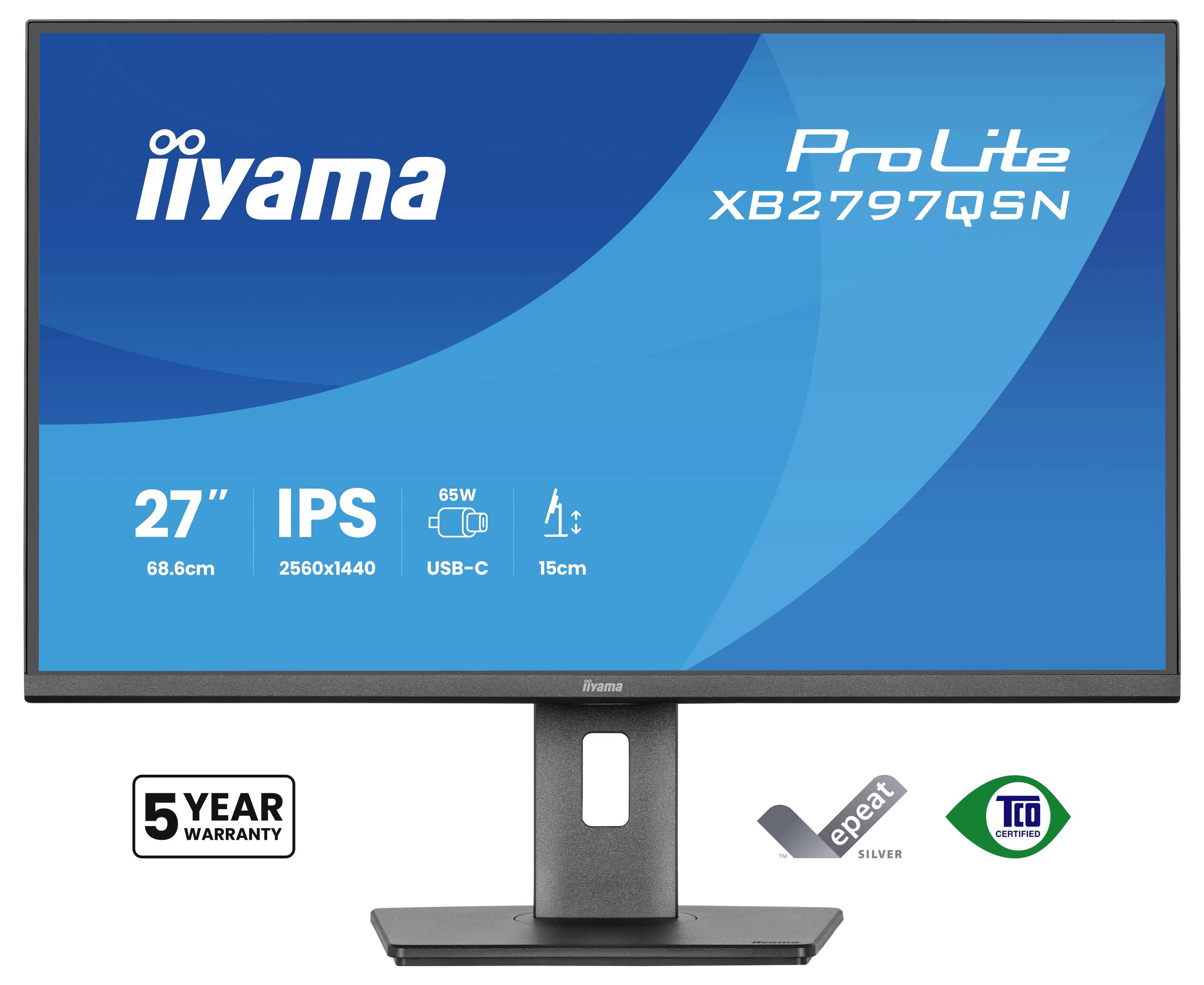 Iiyama ProLite XB2797QSN Monitor mit 27 Zoll großem IPS-Display, 2560x1440 Auflösung, USB-C-Anschluss und 5-Jahres-Garantie.