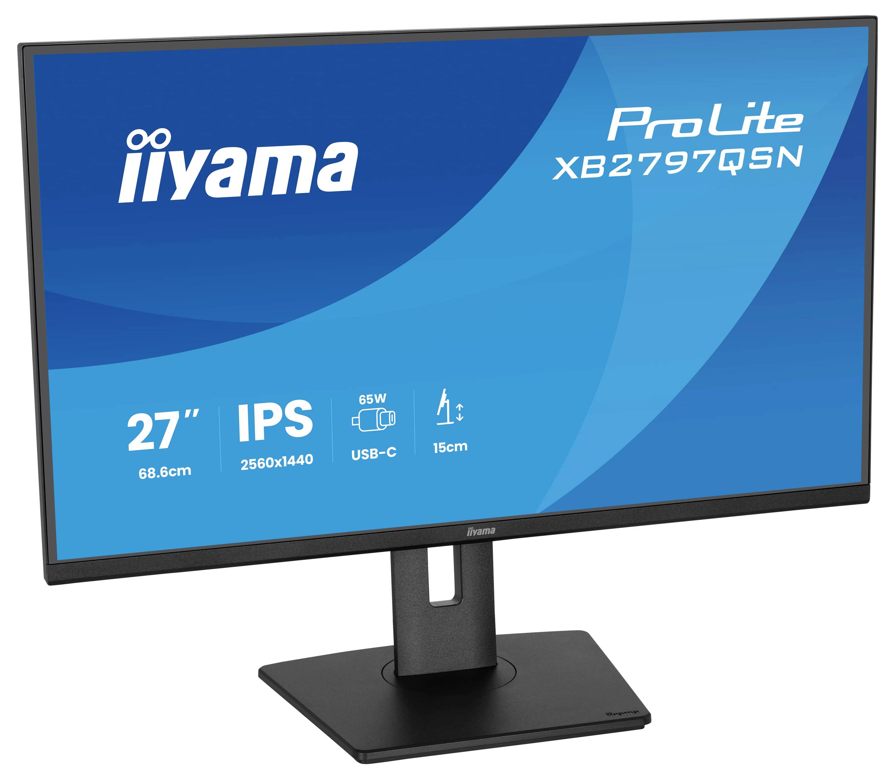 Computermonitor zeigt den Text "iiyama ProLite XB2797QSN" an, mit Funktionen wie "27" IPS", "2560x1440", "USB-C".