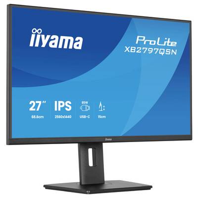 Ein 27-Zoll Iiyama ProLite XB2797QSN Monitor mit folgenden Spezifikationen: IPS, 2560x1440 Auflösung, 65W Stromverbrauch, USB-C Anschluss.