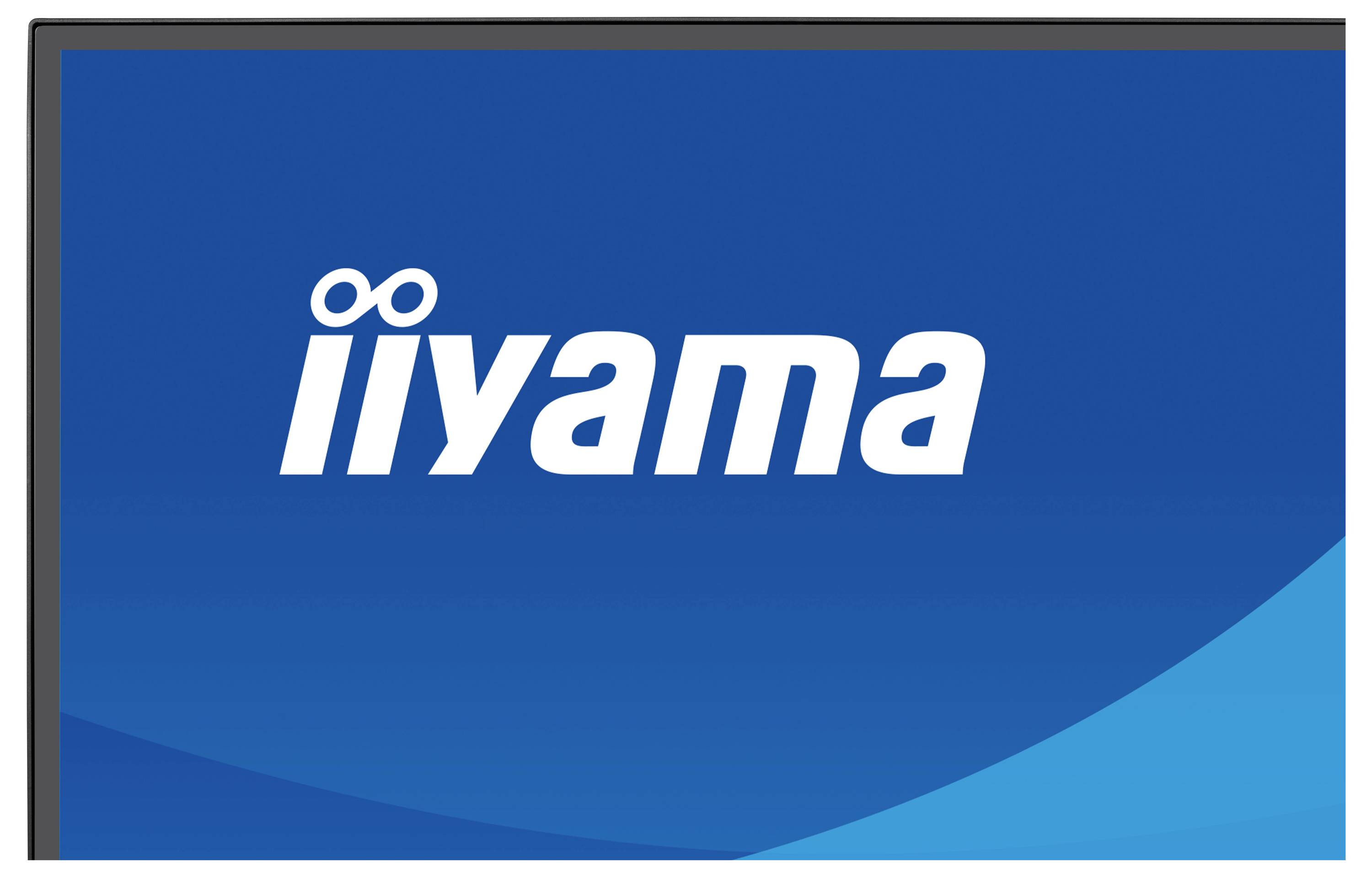 Monitorbildschirm, auf dem das „iiyama"-Logo auf blauem Hintergrund angezeigt wird.