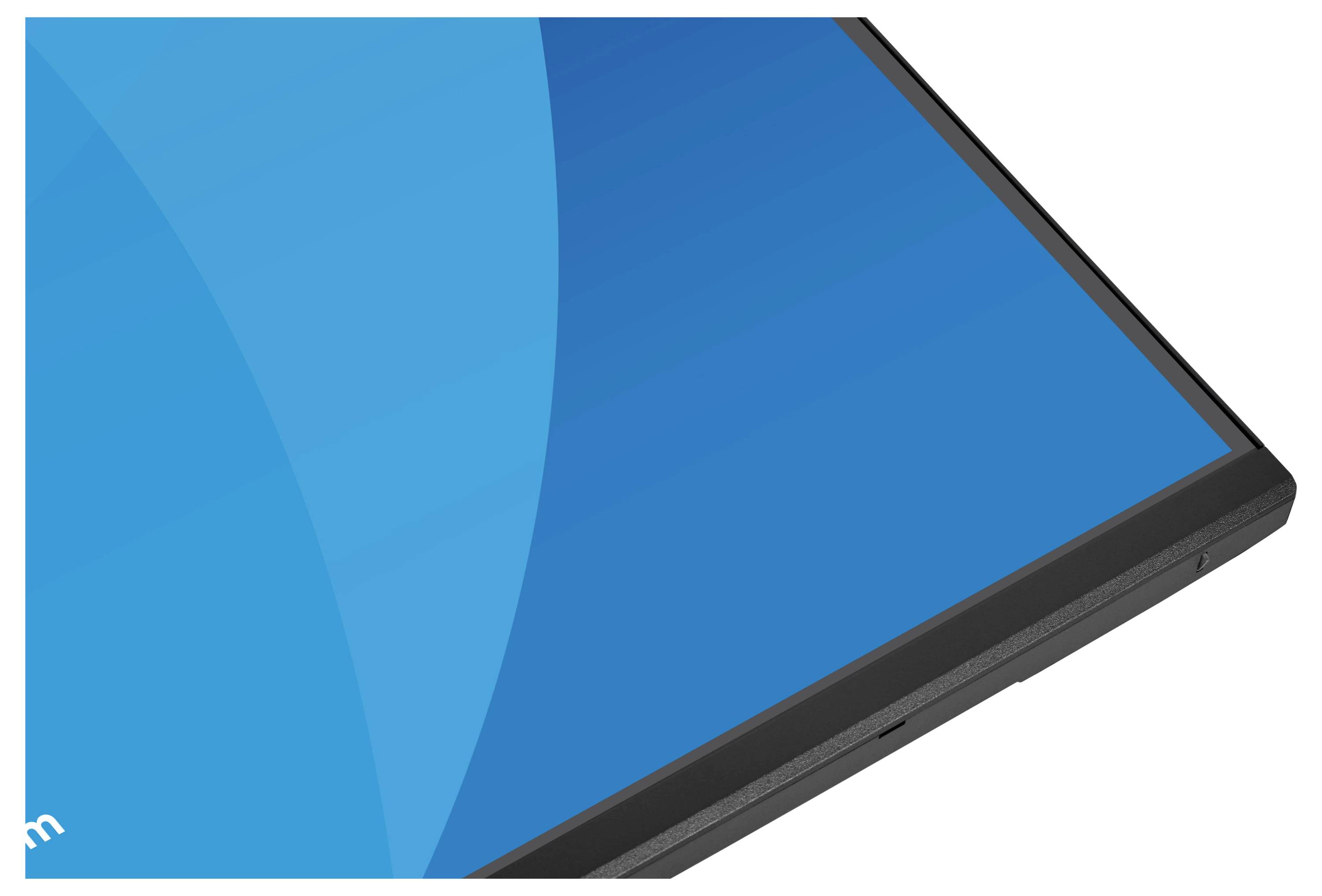 Eine Nahaufnahme eines Computermonitorbildschirms mit blauem Hintergrund und dünnem schwarzem Rahmen, der einen Teil der Anzeige und der Blende zeigt.